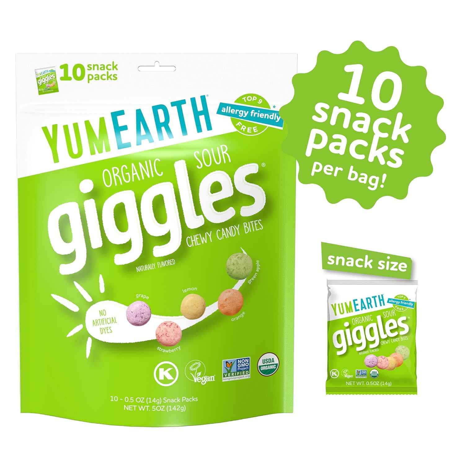 YumEarth Organic Giggles Chewy Candy – Safe Classroom Snack Free from Peanut Tree Nut Milk Egg and Soy, Organic Fruit Candy