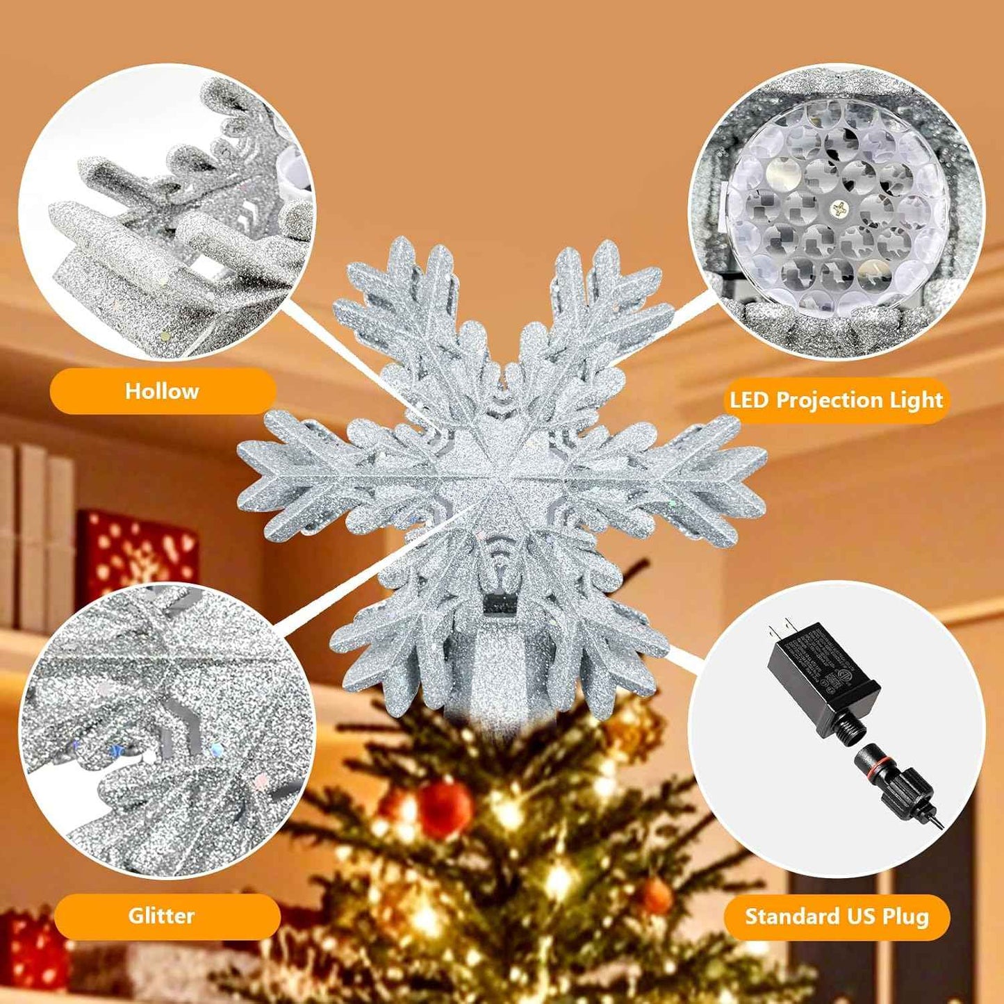 Aurora Glow Auto-Rotating Snowflake Light – No Flame, No Batteries Holiday Decoration for Family Trees