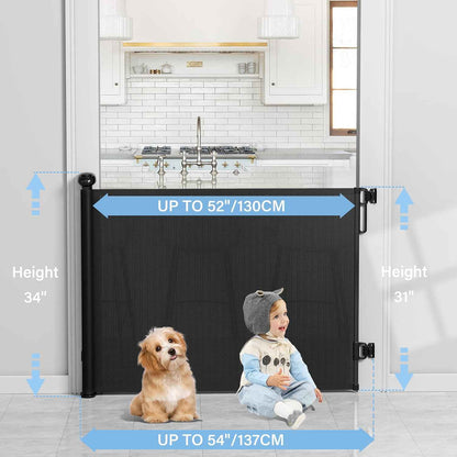 probebi Retractable Pet Gate for Stairs and Doorways – 34" Tall Mesh Barrier with Double-Lock Safety Release