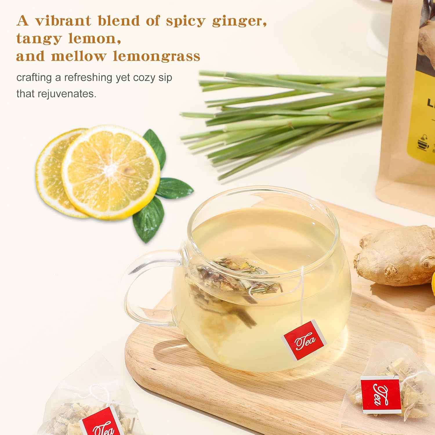 FullChea Lemon Ginger Tea Bags – Caffeine-Free Herbal Digestion Support for Evening Wind-Down Rituals
