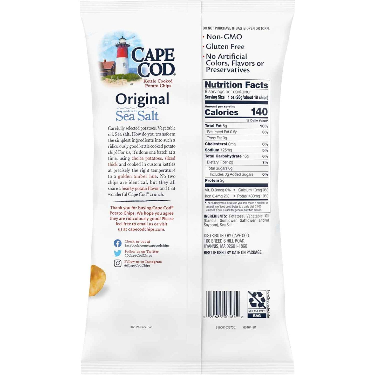 Cape Cod Less Fat Original Kettle Chips – After-School Snack Pack for Family Snack Drawers