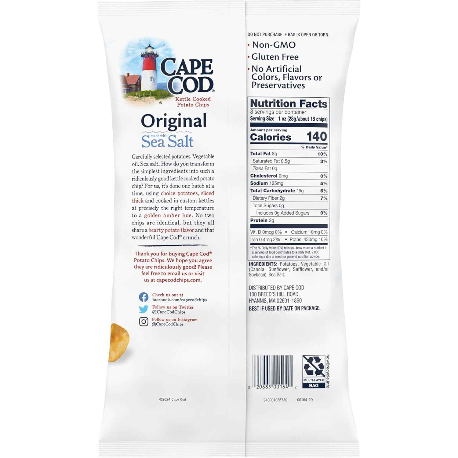 Cape Cod Less Fat Original Kettle Chips – After-School Snack Pack for Family Snack Drawers