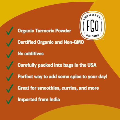 FGO Organic Turmeric Powder – Daily Wellness Ritual Spice for Golden Milk & Smoothies, 8oz Pouch