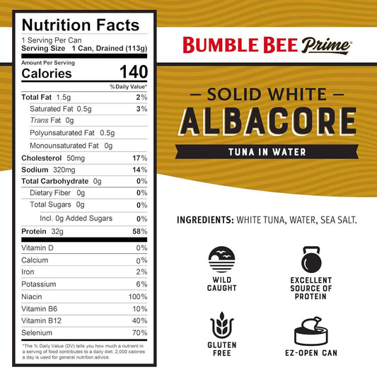 Bumble Bee Prime Wild-Caught Albacore Tuna in Water – Clean Protein for Low-Carb and Keto Wellness Diets