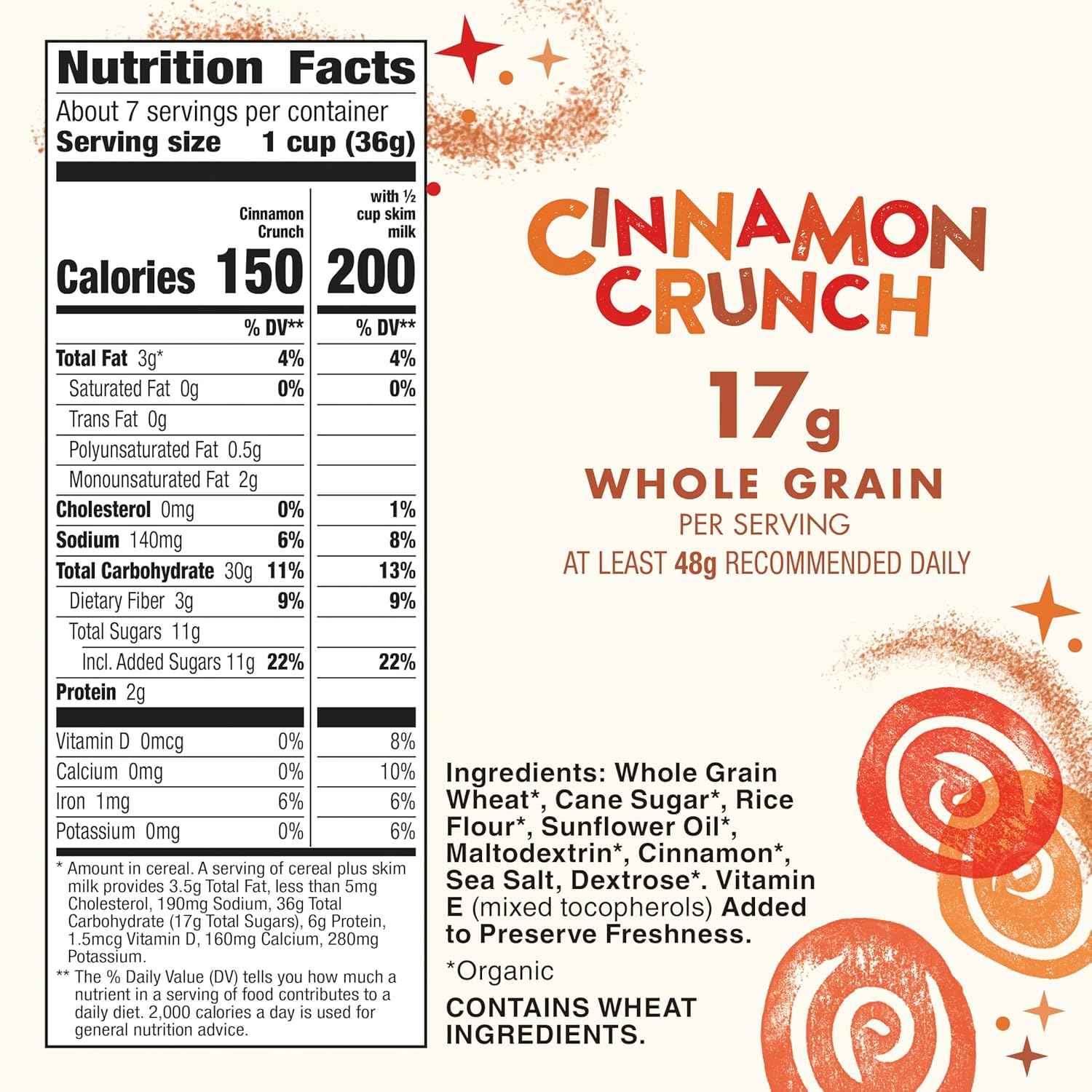 Cascadian Farm Organic Cinnamon Crunch Cereal – Organic Whole Grain Cereal for a Non-GMO Breakfast Ritual