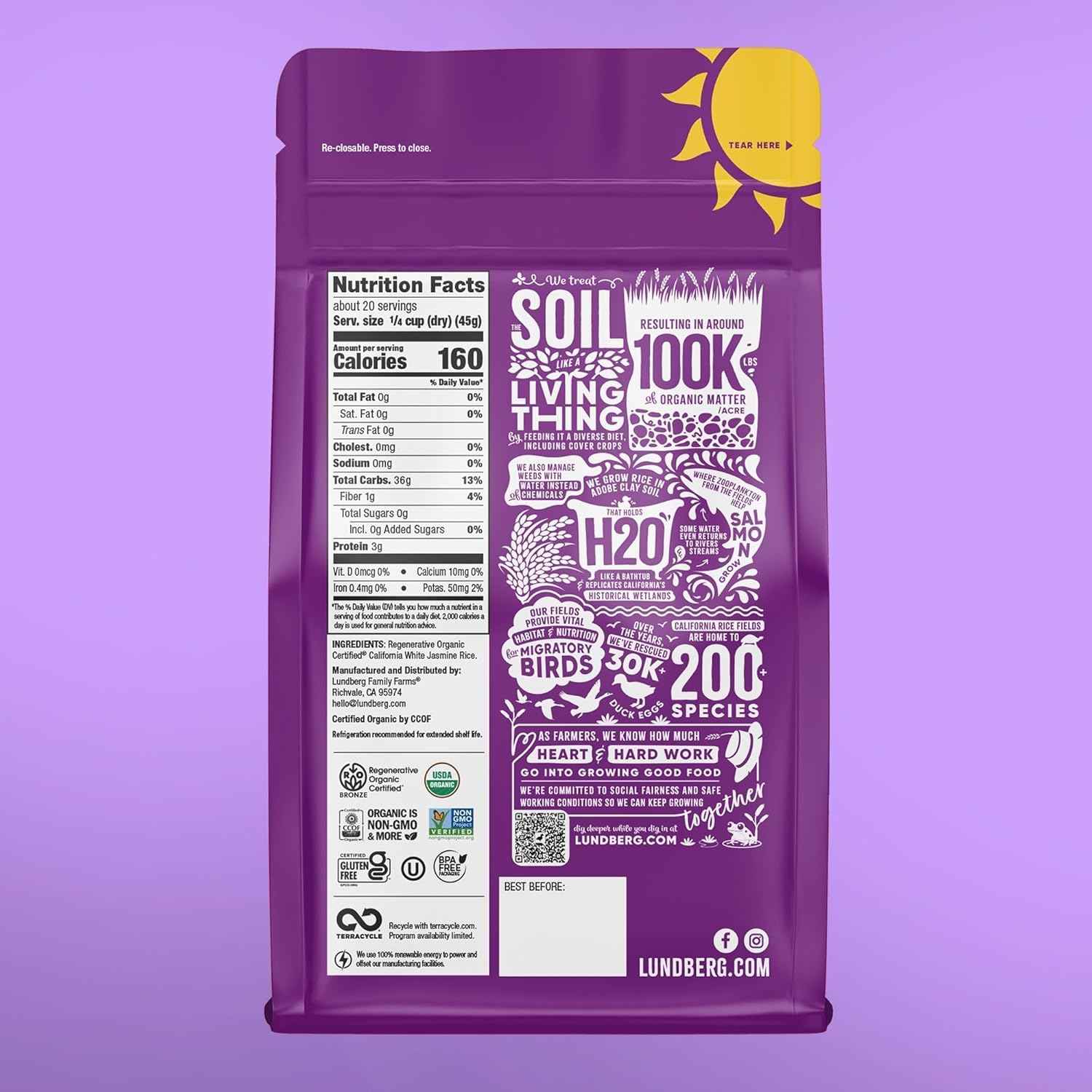 Lundberg Family Farms Organic Jasmine Rice – Kid-Safe Gluten-Free Side for Lunchboxes and Family Dinners, 32 oz