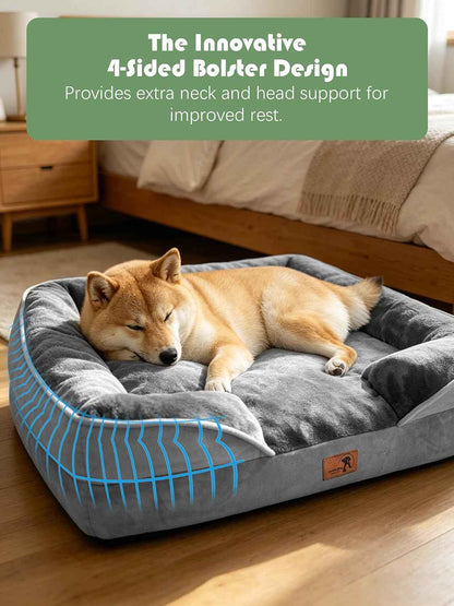 Ksiia Plush Bolster Dog Sofa – Living Room Accent Piece in Grey, Washable Orthopedic Couch for Medium Pets