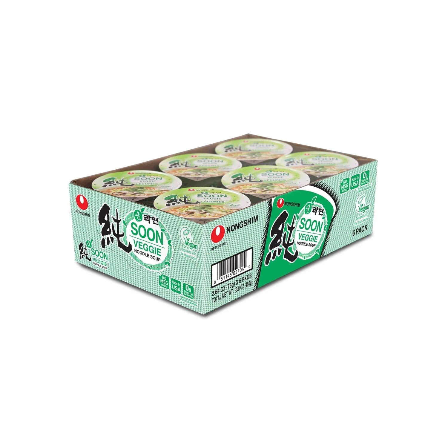 Nongshim Soon Veggie Cup Noodle – Single-Serve Vegan Meal for Small Apartments, Compact 6-Pack Pantry Storage