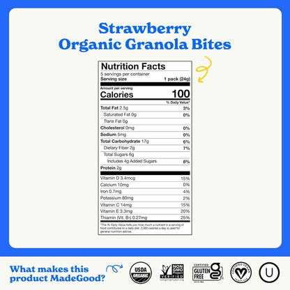 MadeGood Organic Strawberry Granola Bites – Plant-Based Desk Drawer Snack for Mid-Afternoon Energy, Vegan