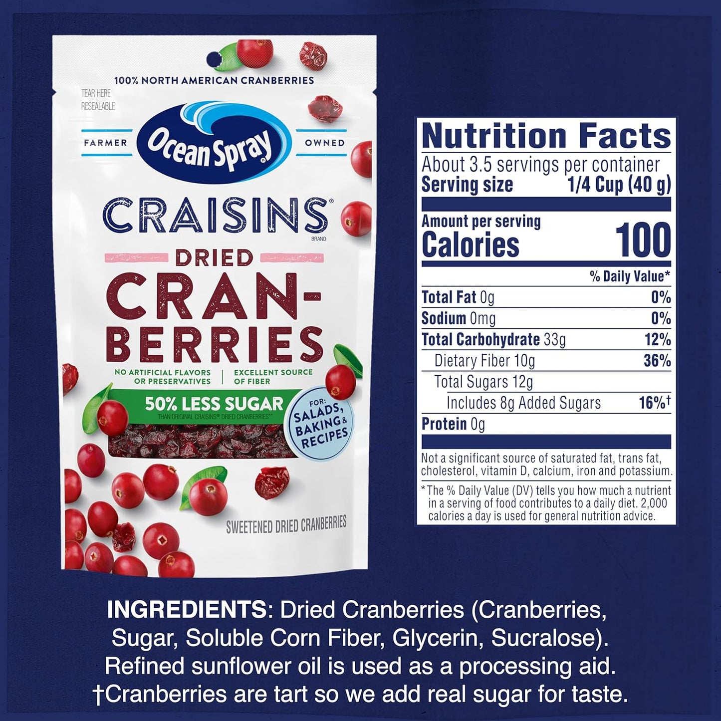 Ocean Spray Craisins 50% Less Sugar Dried Cranberries – Trail Mix Ingredient for Hiking and Camping, 5 oz Pouches, 12 Count