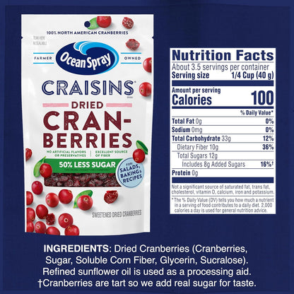 Ocean Spray Craisins 50% Less Sugar Dried Cranberries – Trail Mix Ingredient for Hiking and Camping, 5 oz Pouches, 12 Count