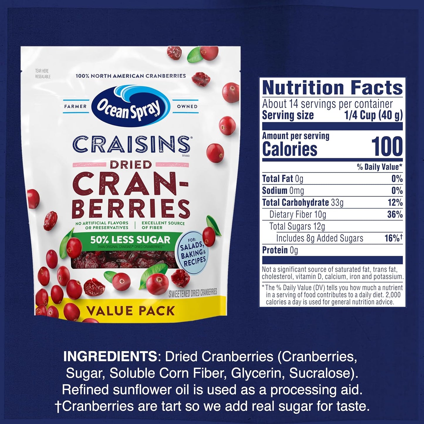 Ocean Spray Craisins 50% Less Sugar Dried Cranberries — Trail Mix Essential for Hiking Backpacking and Car Cup Holder Snacking