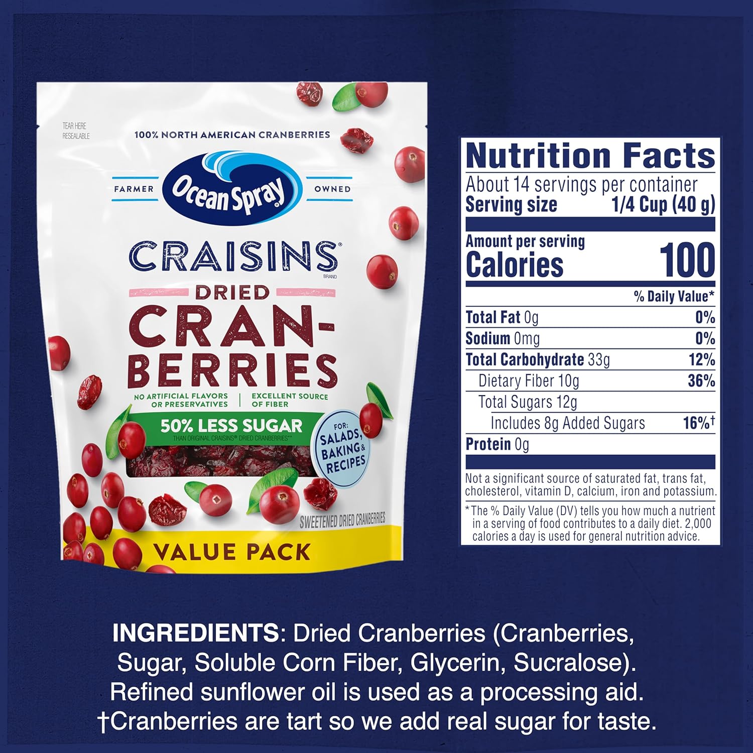 Ocean Spray Craisins 50% Less Sugar Dried Cranberries — Trail Mix Essential for Hiking Backpacking and Car Cup Holder Snacking
