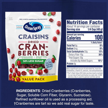 Ocean Spray Craisins 50% Less Sugar Dried Cranberries — Trail Mix Essential for Hiking Backpacking and Car Cup Holder Snacking