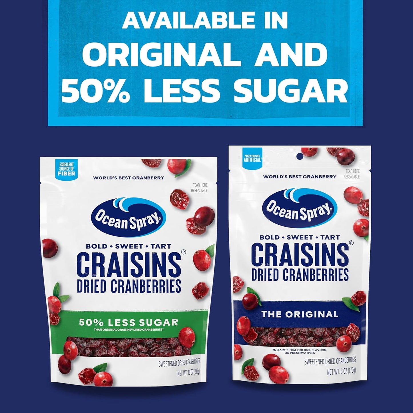 Ocean Spray Craisins 50% Less Sugar Dried Cranberries — Trail Mix Essential for Hiking Backpacking and Car Cup Holder Snacking