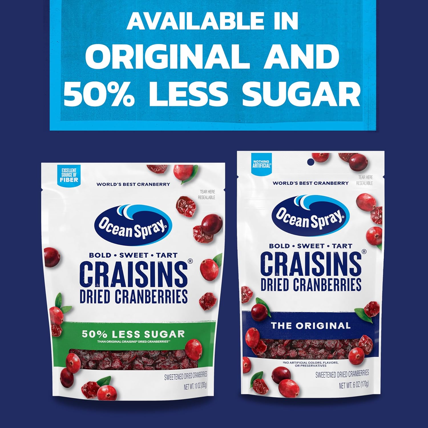 Ocean Spray Craisins 50% Less Sugar Dried Cranberries — Trail Mix Essential for Hiking Backpacking and Car Cup Holder Snacking