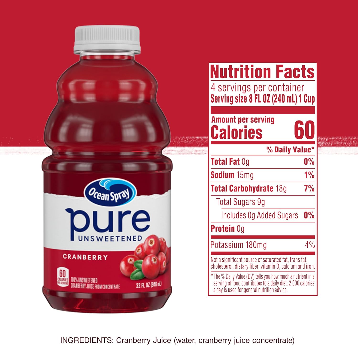 Ocean Spray® Pure Unsweetened Cranberry Juice – Versatile Fridge Staple for Cooking, Baking, and Cocktails, 32 Fl Oz