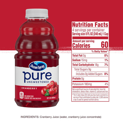 Ocean Spray® Pure Unsweetened Cranberry Juice – Versatile Fridge Staple for Cooking, Baking, and Cocktails, 32 Fl Oz