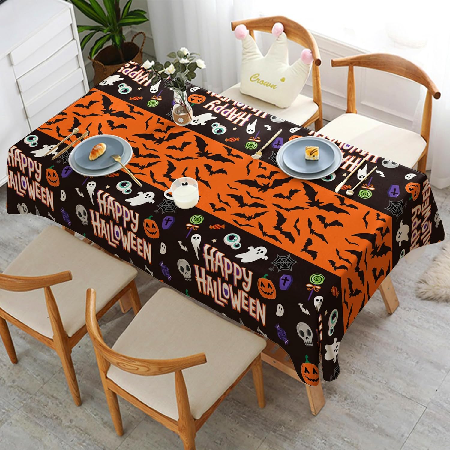 OHOME Spooky Polyester Tablecloth 2-Pack – Ghost & Bat Mantel Backdrop for Seasonal Home Decorating