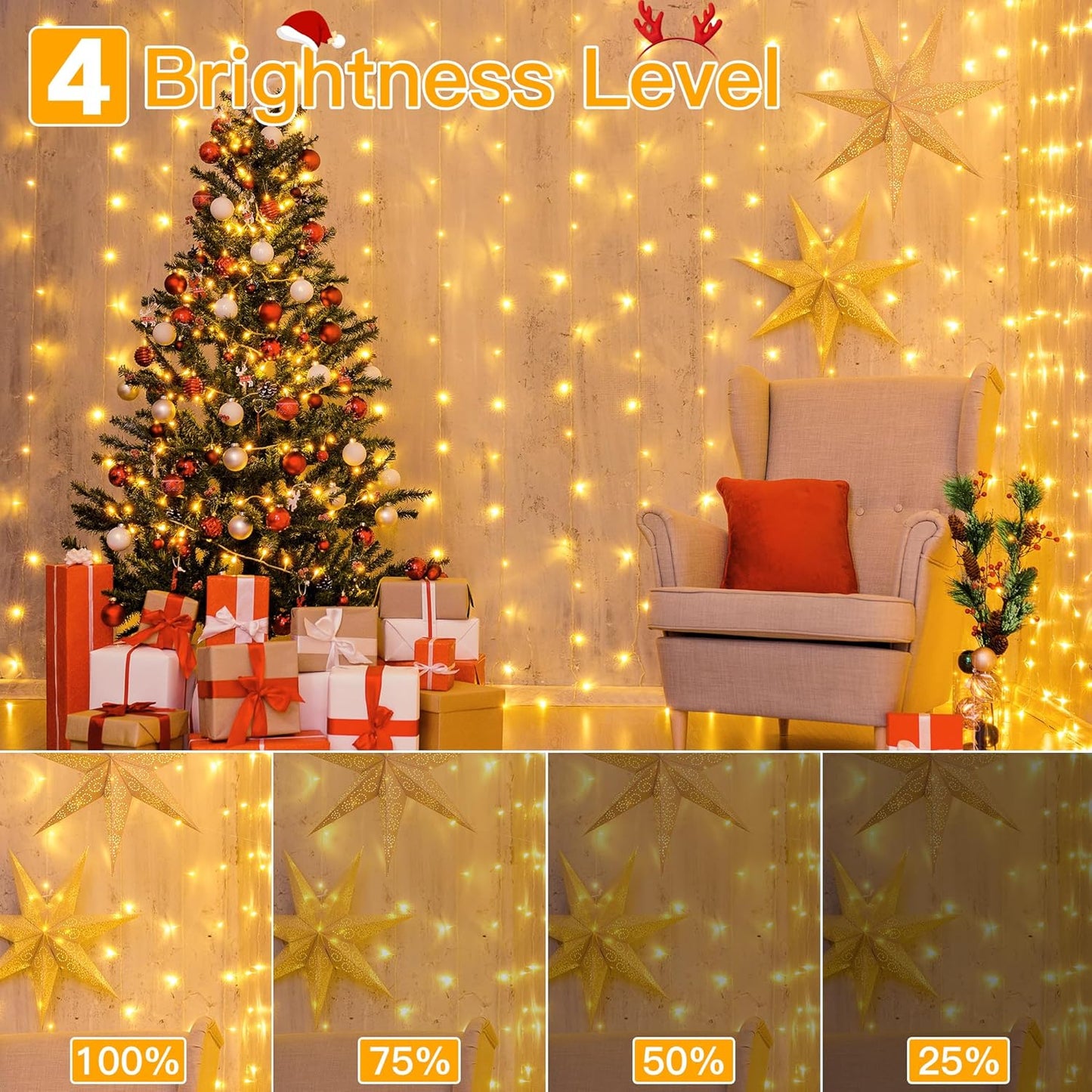 Ollny Curtain Lights 6.6x6.6ft – IP44 Waterproof Patio String Lights with Remote and USB Power for Outdoor Dining