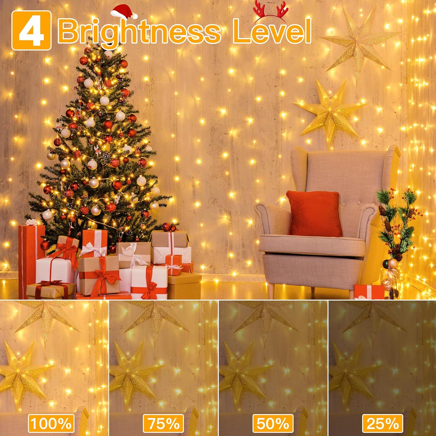 Ollny Curtain Lights 6.6x6.6ft – IP44 Waterproof Patio String Lights with Remote and USB Power for Outdoor Dining