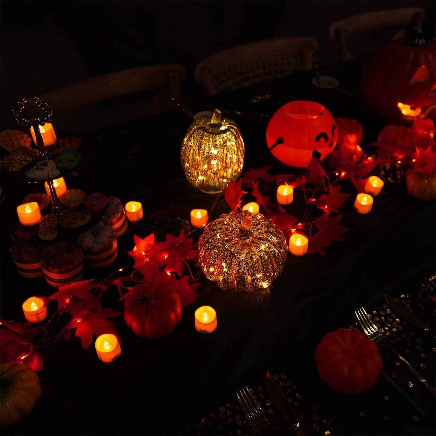 Homemory Flameless LED Tea Lights Orange Pack of 12 — Battery Operated Flicker Candles for Safer Halloween Pumpkins and Mantels