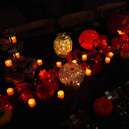 Homemory Flameless LED Tea Lights Orange Pack of 12 — Battery Operated Flicker Candles for Safer Halloween Pumpkins and Mantels