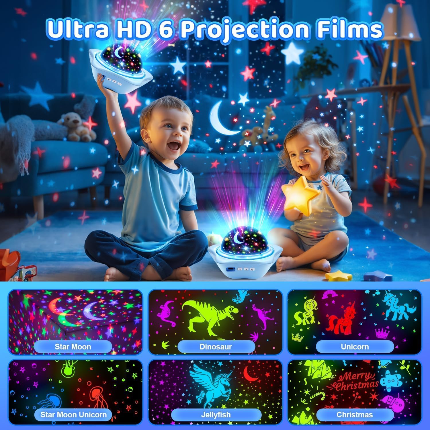 One Fire Safe Kids Night Light Projector – Cordless Rechargeable 2400mAh Battery, No Flame No Heat 6-Lumen LED for Toddler Bedroom