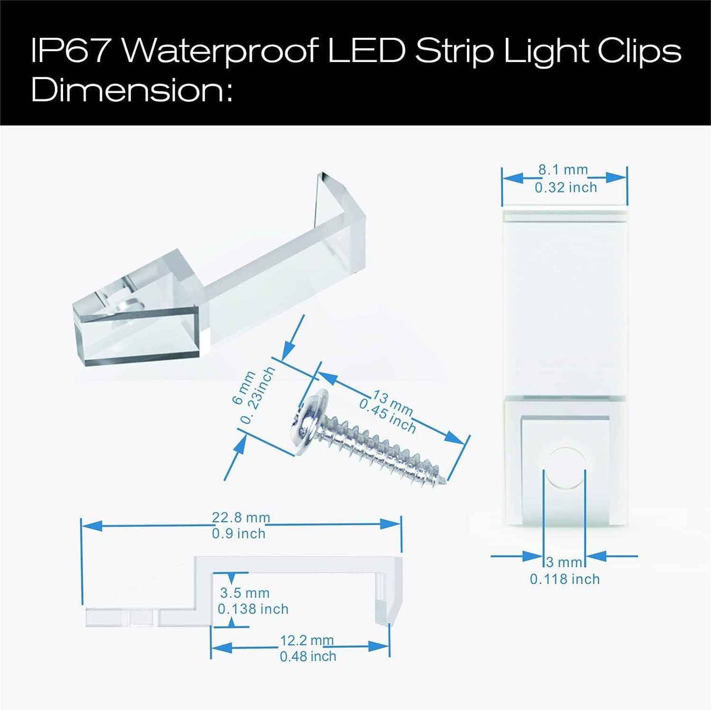 ATB Weatherproof LED Strip Light Clips for Camping Trailers and Patio Cover Installations, Clear 10mm/12mm Mounting Bracket Pack of 100