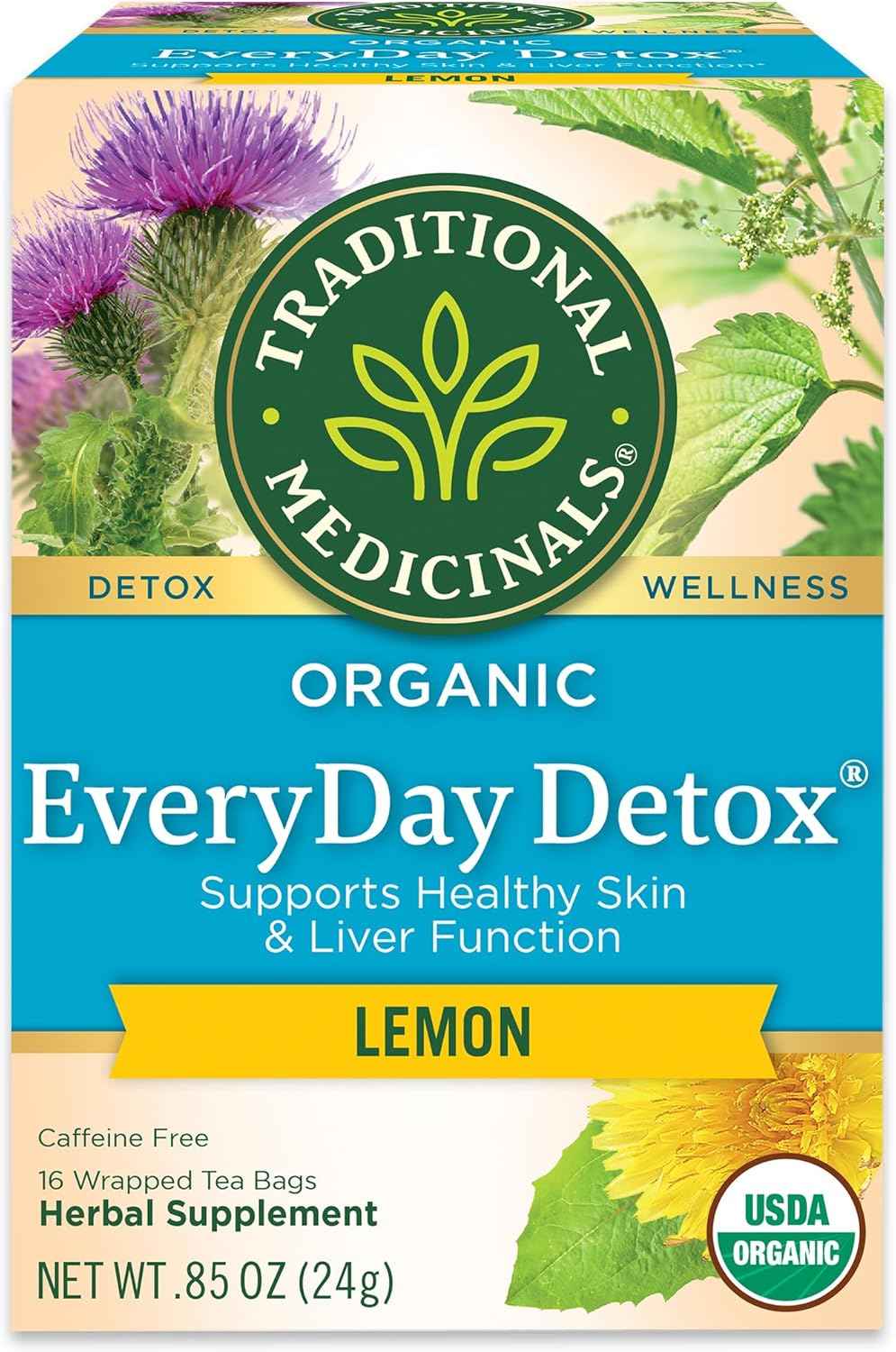 Traditional Medicinals Organic Everyday Detox Lemon Tea – Afternoon Desk Brew for Caffeine-Free Focus, 16 Bags