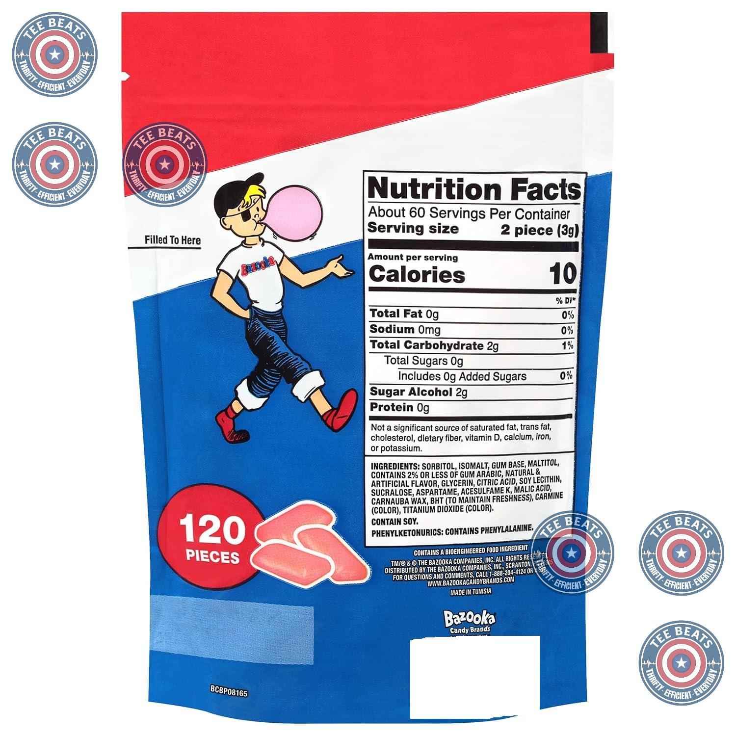 Bazooka Sugar-Free Bubble Gum Bulk – Fun Throwback Gift for Him and Her, Office Candy Dish and Care Package Treat, 120 Ct
