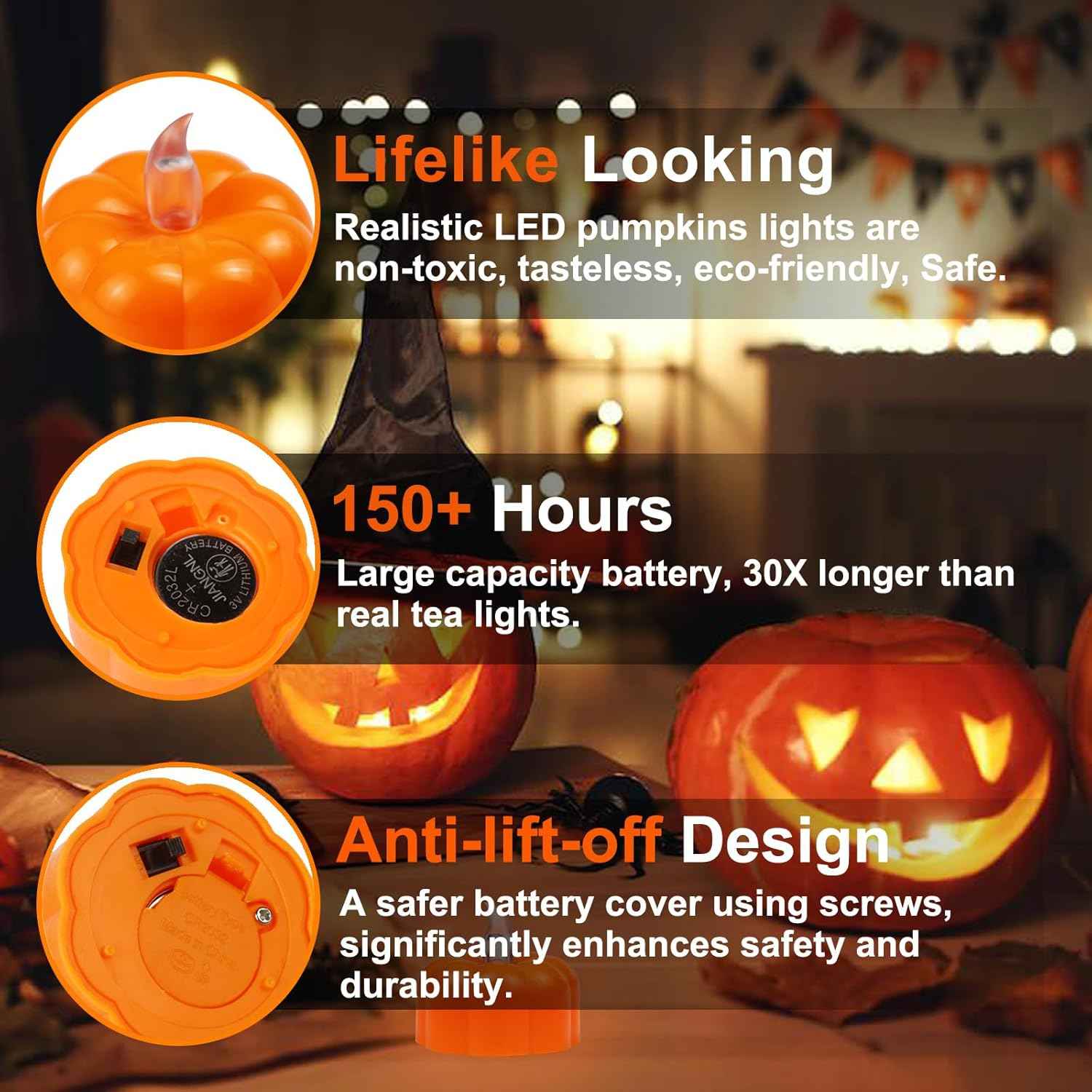 Pumpkin Glow LED Tea Lights – Cozy Living Room Fall Centerpiece, Flickering Amber Accent for Mantel and Bookshelf Styling