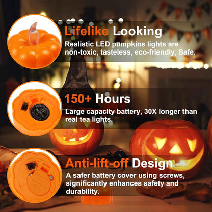 Pumpkin Glow LED Tea Lights – Cozy Living Room Fall Centerpiece, Flickering Amber Accent for Mantel and Bookshelf Styling