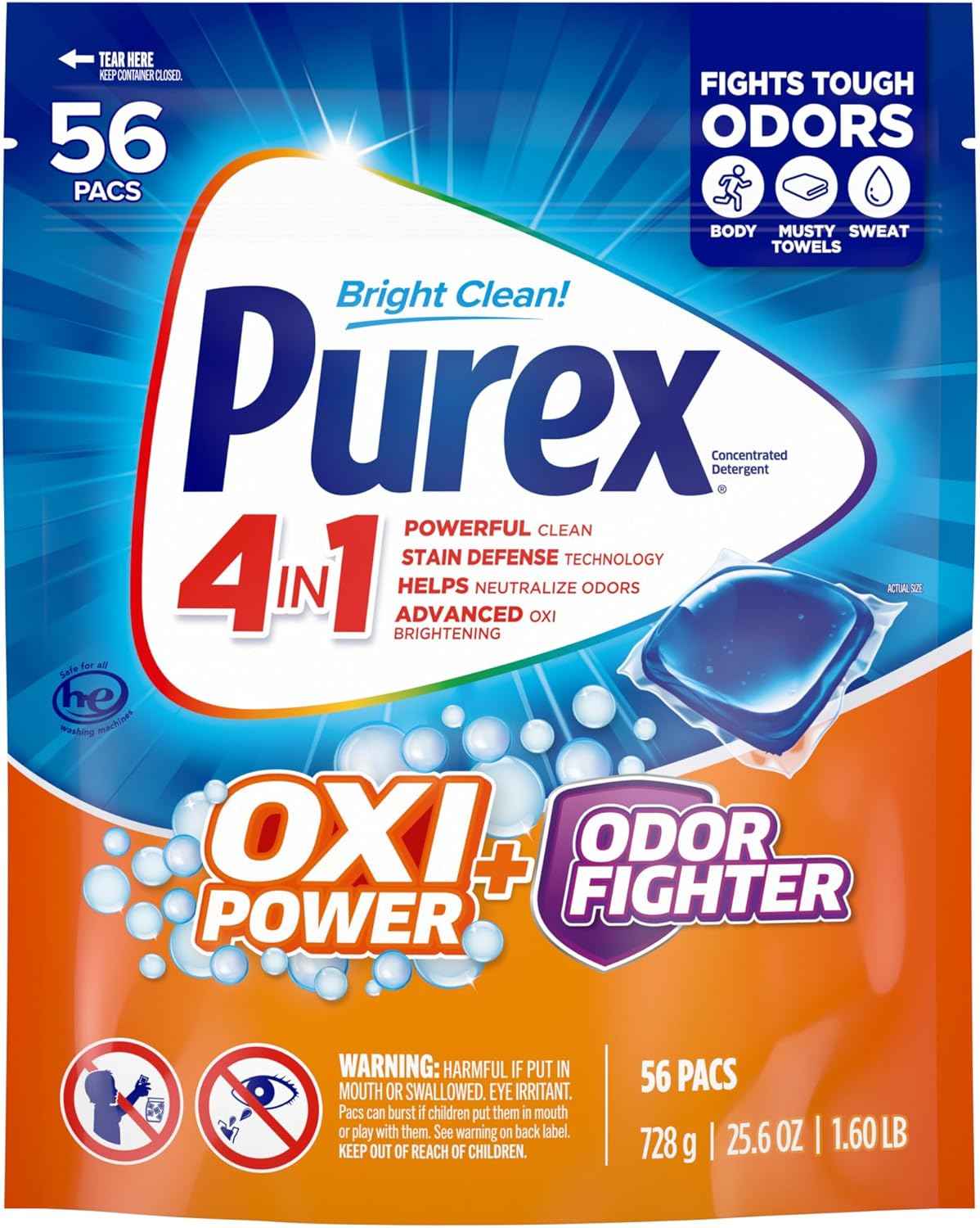 Purex Advanced Oxi + Odor Fighter Laundry Pacs for Kids Clothes, Mud-Stain Removing Detergent for Active Kids