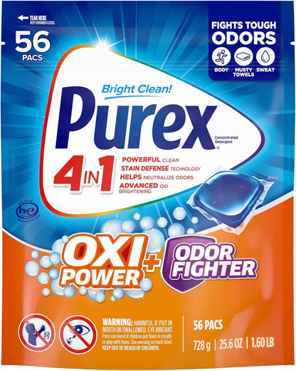 Purex Advanced Oxi + Odor Fighter Laundry Pacs for Kids Clothes, Mud-Stain Removing Detergent for Active Kids
