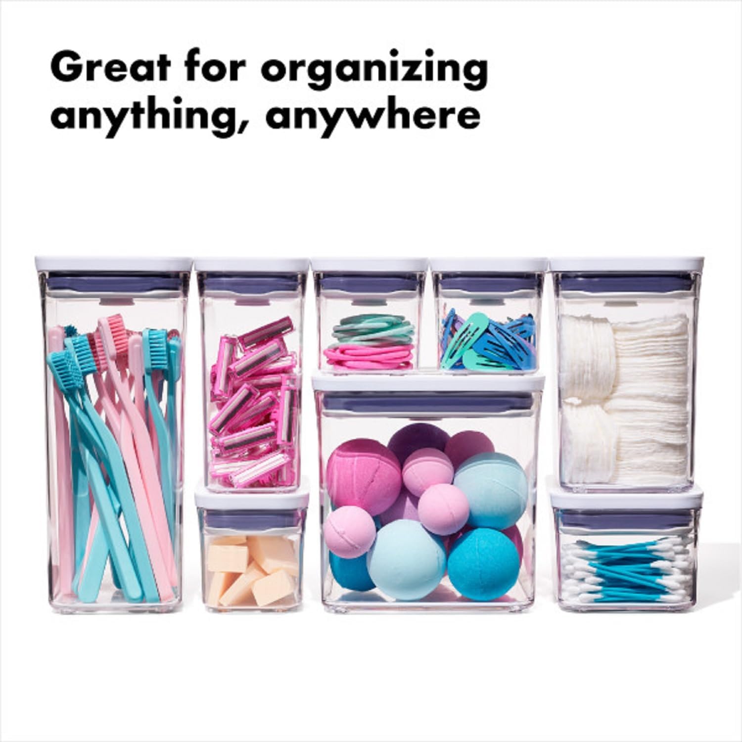 OXO Good Grips POP Container Bulk Set – Minimalist Pantry Essentials, 6 Square Airtight Canisters with One-Touch Seal for Clutter-Free Countertops