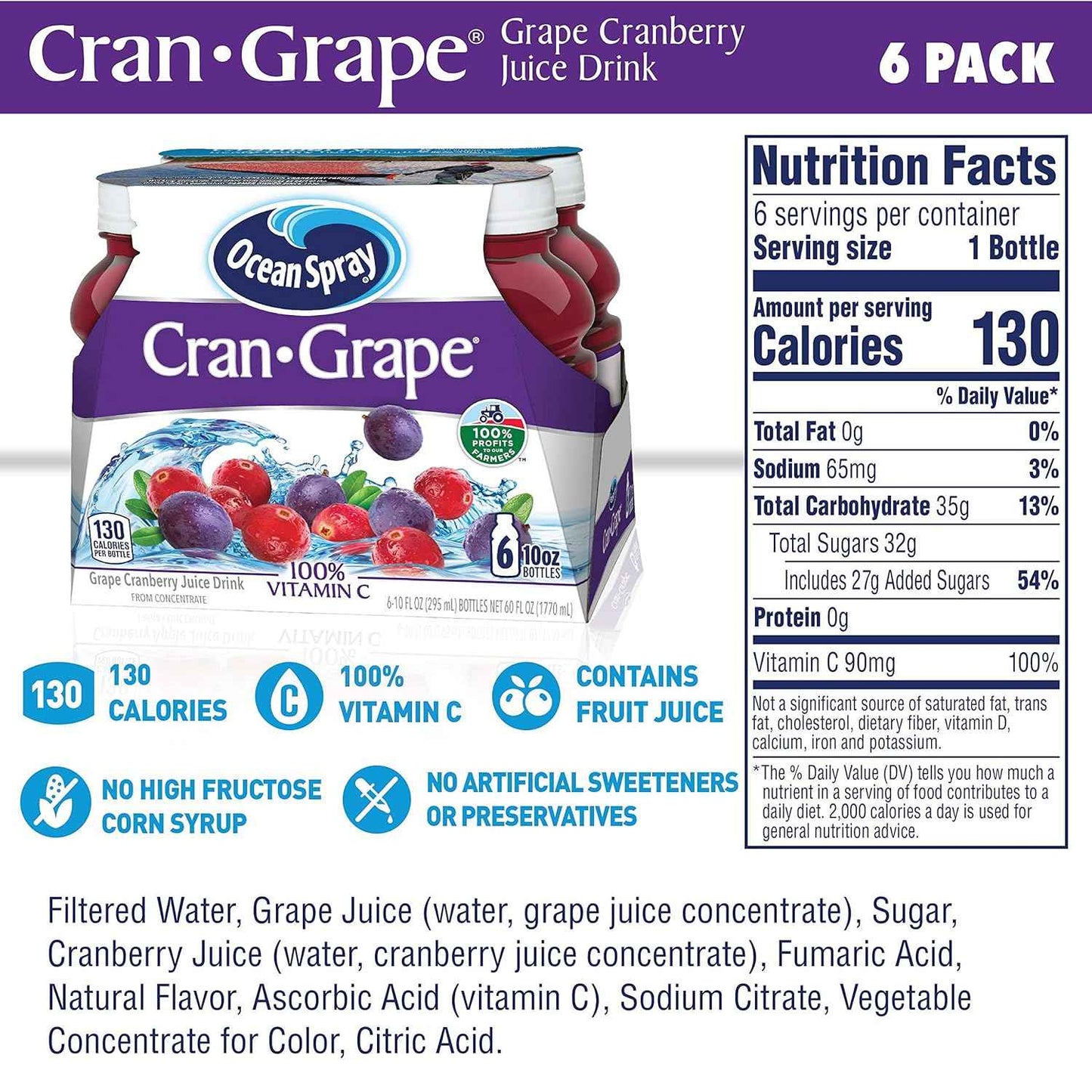Ocean Spray Cran-Grape Juice, Portable 10 oz Bottles for Picnics and Road Trips (Pack of 6)