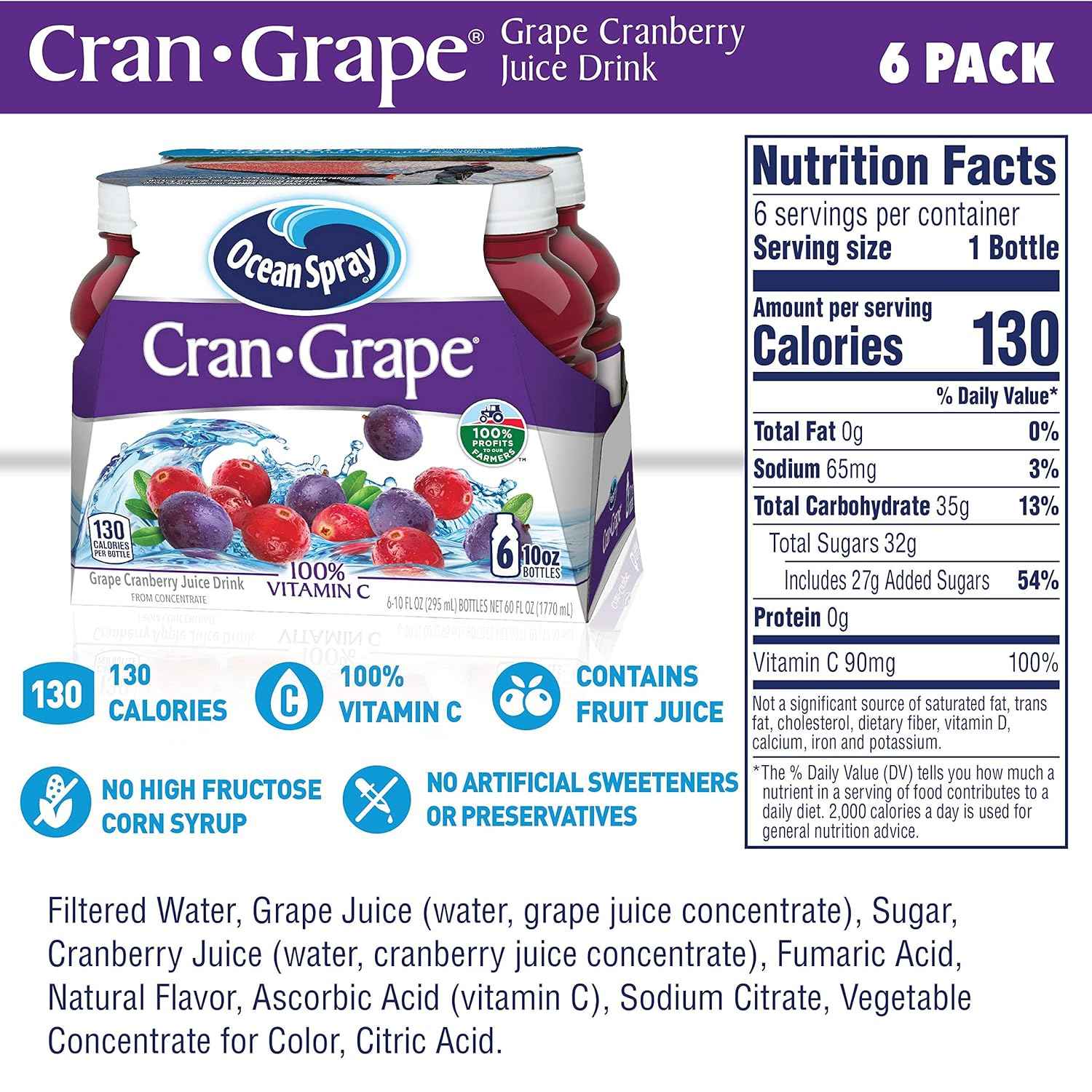 Ocean Spray Cran-Grape Juice, Portable 10 oz Bottles for Picnics and Road Trips (Pack of 6)