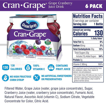 Ocean Spray Cran-Grape Juice, Portable 10 oz Bottles for Picnics and Road Trips (Pack of 6)