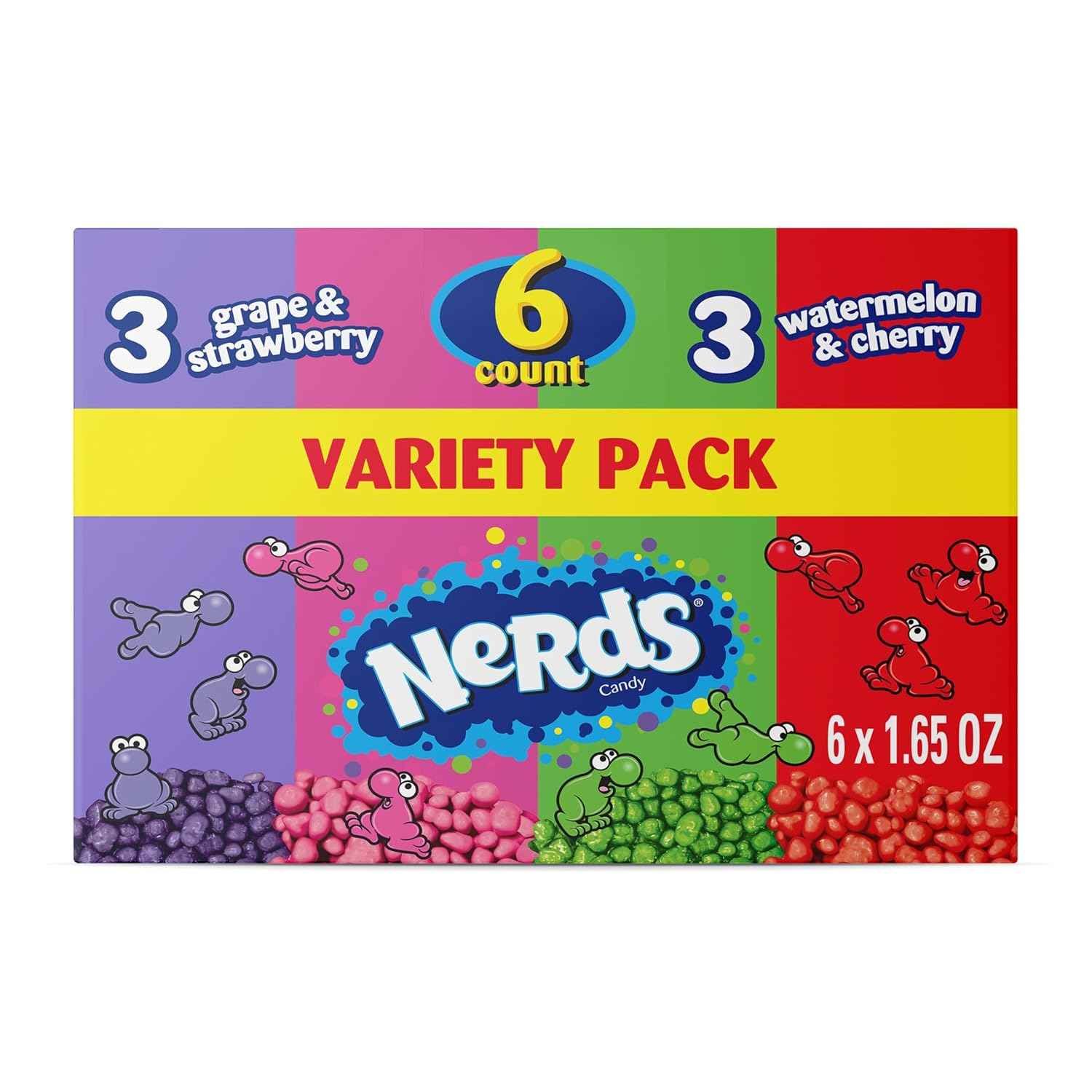 NERDS Dual Variety Pack – Road Trip Snack for the Car, Crunchy Grape Strawberry Watermelon Cherry Boxes, 6 Count 9.9 oz