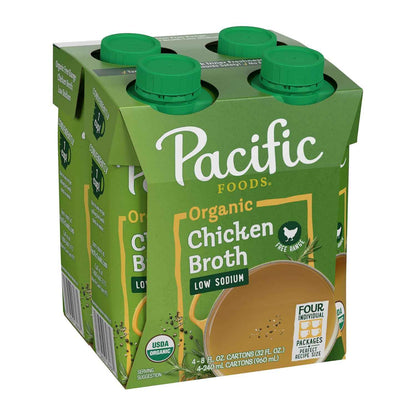 Pacific Foods Low Sodium Chicken Broth – Desk Lunch Sip Broth for Focused Workdays, 8 oz (4 Pack)