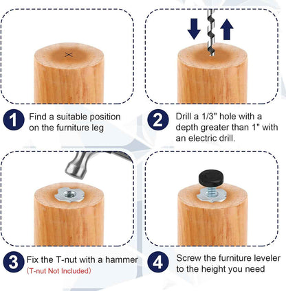 IronFix Furniture Levelers – Clean Design Threaded Feet for Uncluttered Living Spaces, Black Minimalist Glide 12 Pack