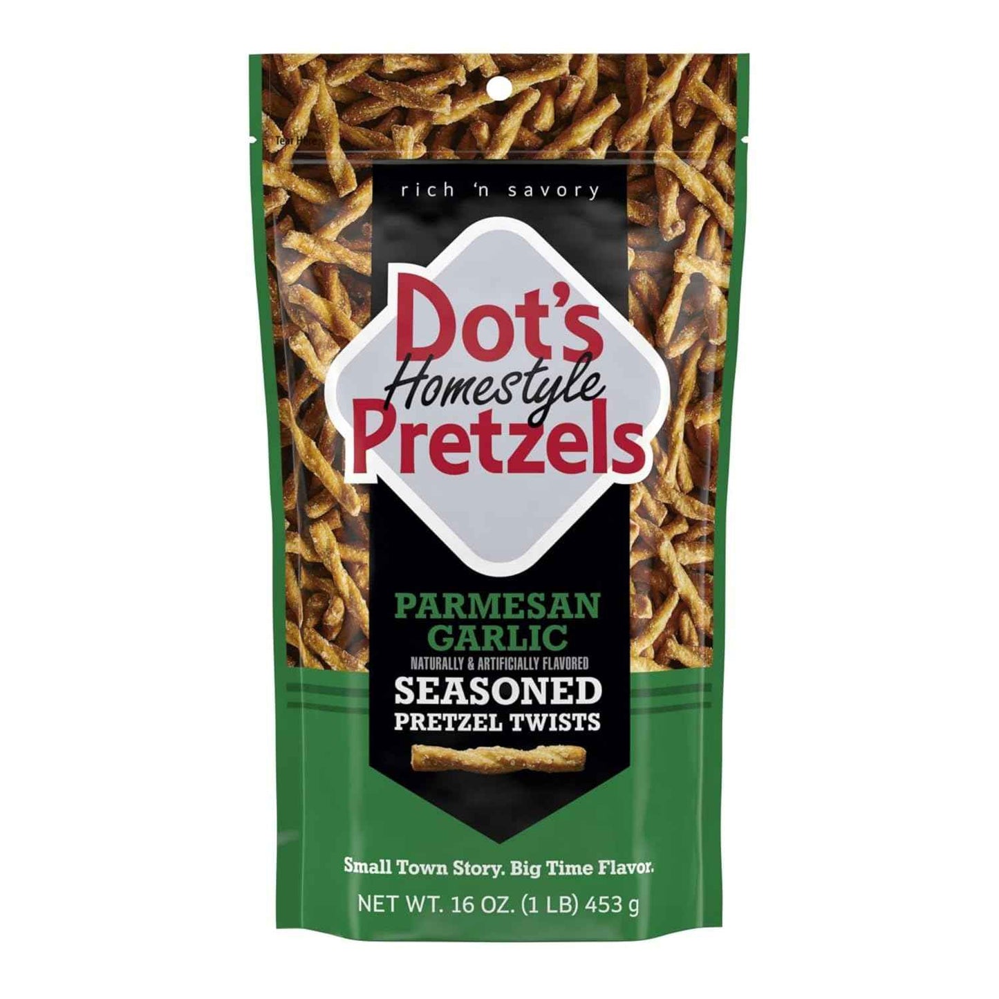 Dot's Pretzels Parmesan Garlic Pretzel Twists – Tailgate and Patio Snack for Game Day Outdoor Gatherings, 16oz Resealable Bag