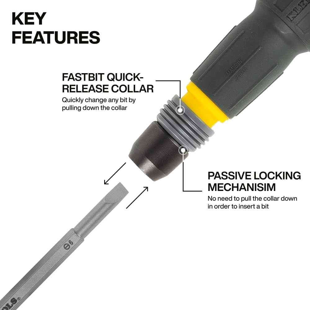 Klein Tools 32960A Fastbit Tru-Grip Screwdriver – Premium Gift for Electricians, Quick-Release Double-Ended Bit