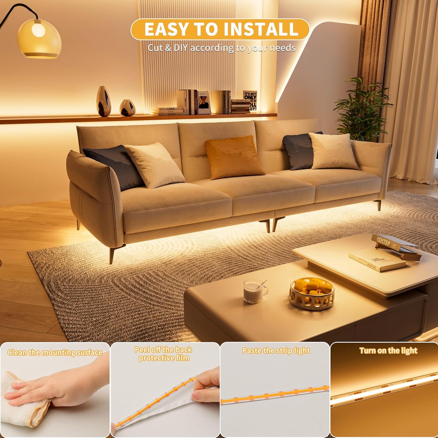 PAUTIX 5V USB COB LED Strip Light – Clean Dotless Under Cabinet Light for Uncluttered Kitchens
