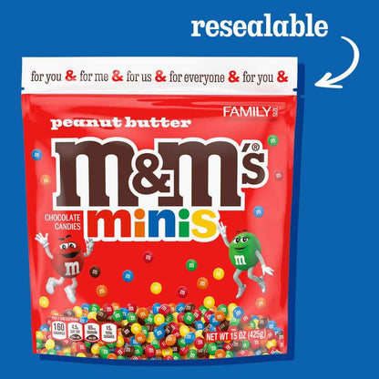 M&M'S Minis Peanut Butter Candy 15 oz Family Size Resealable Bag for Camping Trips, Picnic Tables and RV Travel Snacking