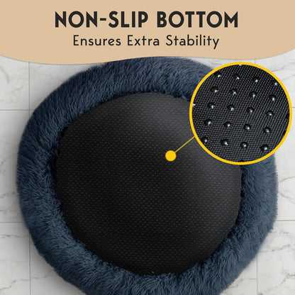 PetJett Calming Donut Dog Bed Medium – Faux Fur Round Pet Bed in Dark Grey, Modern Living Room & Bedroom Decor Accent