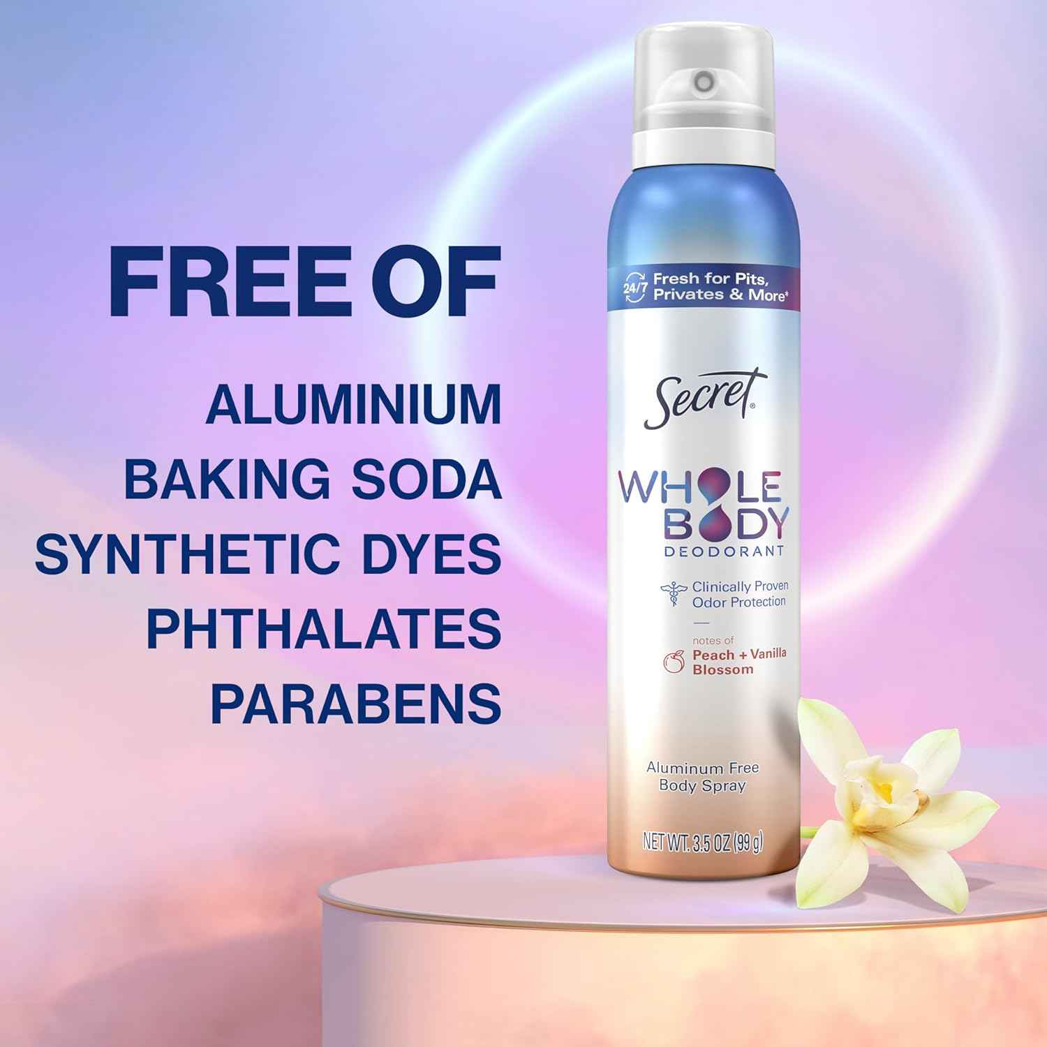 Secret Whole Body Deodorant Spray for Women – Travel-Friendly Body Deodorant for Camping, Hiking, and Patio Days, 72 HR Aluminum-Free, 3.5oz