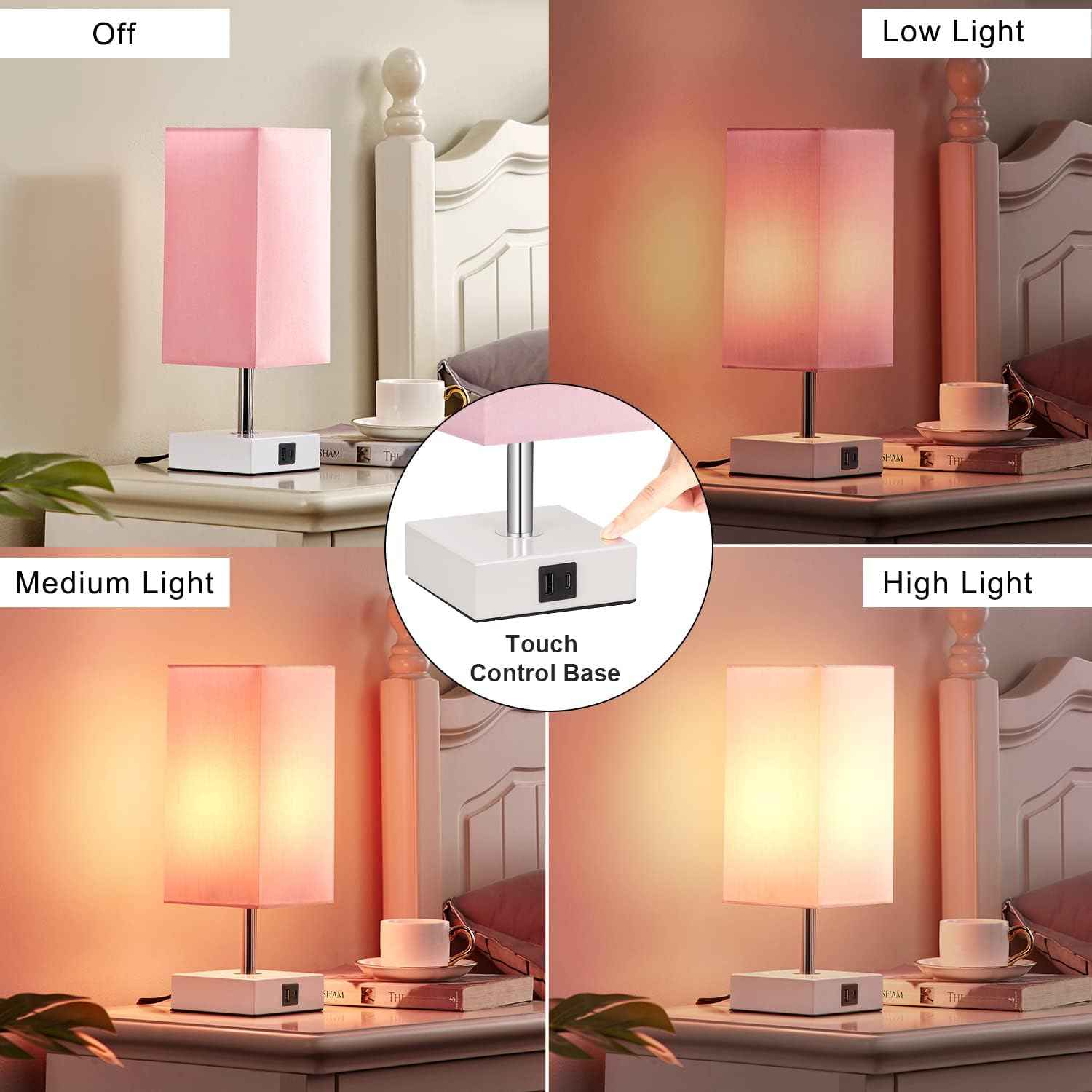 Ambimall Pink Touch Lamp – Cozy Housewarming Gift for Her, Bedside Nightstand Lamp with USB A and USB C Ports