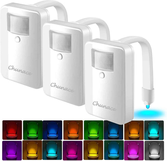 Chunace Toilet Bowl Night Light for Seniors and Light Sleepers – Auto Motion Activated LED, No Outlet Needed Cordless Bathroom Safety Light 3 Pack